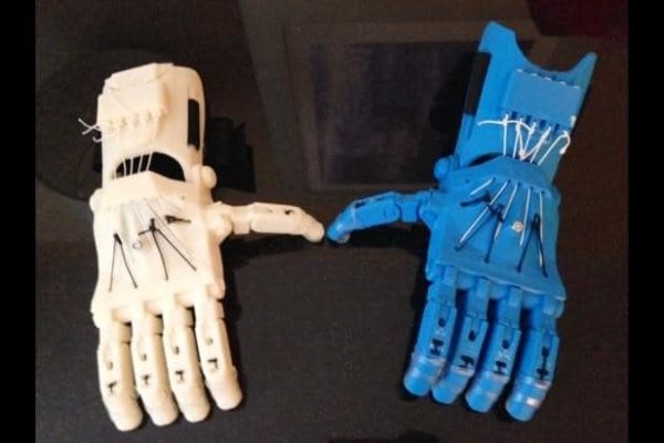Two 3D printed biotic limbs in different colors, blue and white.