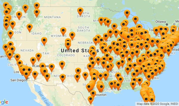 U.S. map of registered support group locations indicated by orange markers.
